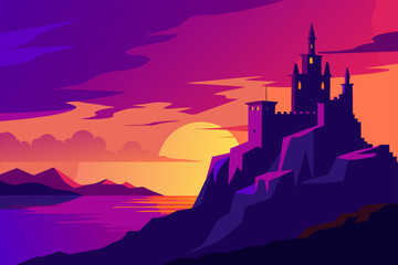 Fototapeta premium Mysterious castle silhouette on a cliff overlooking a vibrant sunset over the ocean