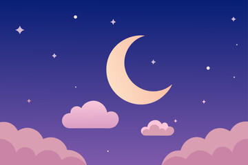 Stylized crescent moon and fluffy pink clouds against a gradient purple night sky with stars