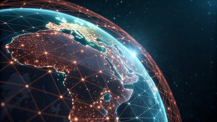 Global network of glowing lights connecting continents on planet earth from space