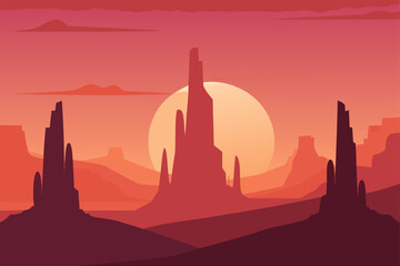 Stylized desert landscape with towering rock formations and a large sun at sunset