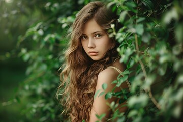 Fototapeta premium Portrait of a beautiful teen girl with long brown hair, partially hidden behind vibrant green leaves in a lush garden setting