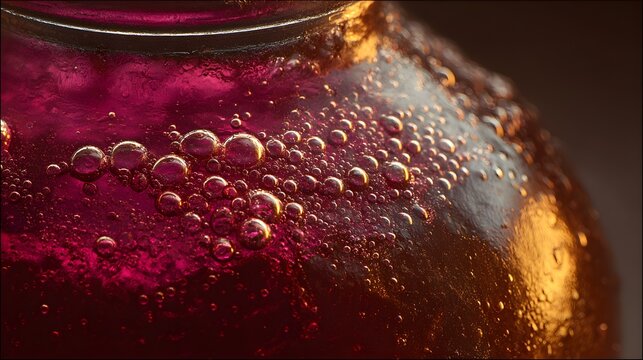 Dark pink beet kvass fizzing inside an amber vintage bottle, showcasing effervescent bubbles in warm side lighting.