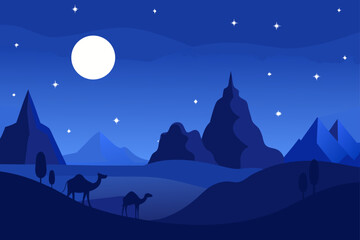 Naklejka premium Two camels silhouetted against a starry desert night sky with a full moon