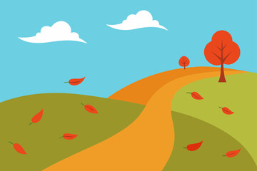 Stylized autumn landscape with rolling hills a winding path and falling leaves