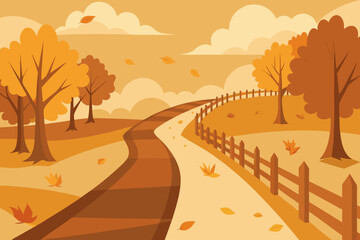 Stylized autumn landscape with a winding path and trees in warm orange and brown tones