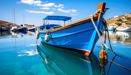Obraz premium Blue boat in calm harbor waters