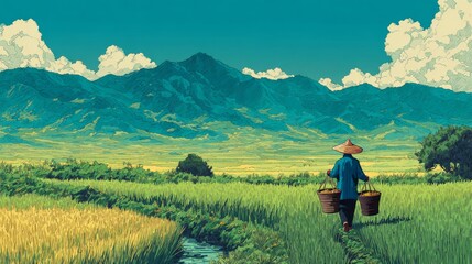 Fototapeta premium The figure of peasant labor in rice fields