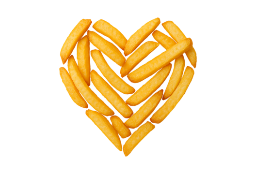 French fries arranged in a heart shape isolated on transparent background