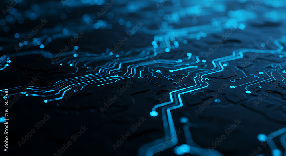 Wall mural glowing blue circuit pathways on a dark motherboard. a futuristic technology background representing