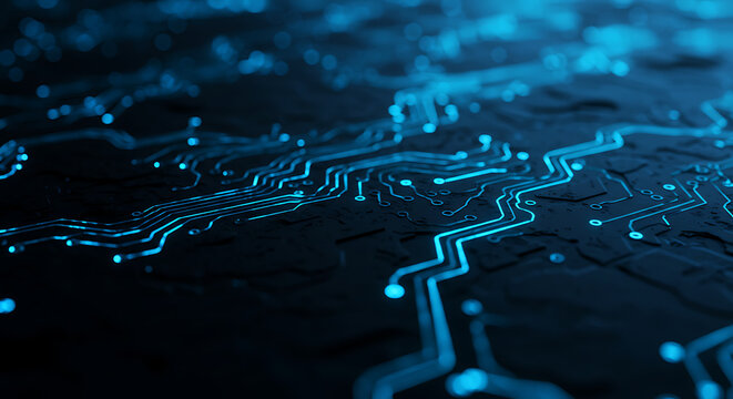 Glowing blue circuit pathways on a dark motherboard. A futuristic technology background representing data processing and digital networks.