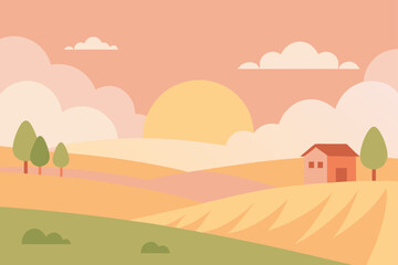 Obraz premium Peaceful countryside landscape with rolling hills a small house and trees under a soft sunset sky