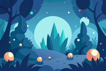 Enchanting night forest scene with glowing orbs and a large moon