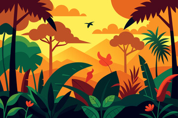 Vibrant tropical jungle landscape with palm trees and mountains at sunset