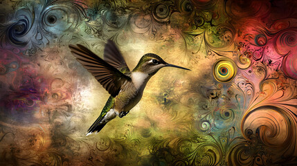 A hummingbird in flight, against a backdrop of swirling, ornate designs in a mix of warm and cool colors.  Intricate patterns and textures surround the bird