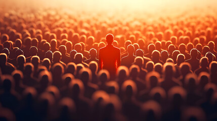 A single person stands out in a large crowd.  A figure illuminated amidst a multitude of silhouettes.  The light highlights the individuality