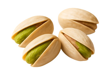 Four open pistachios with bright green nuts isolated on transparent background