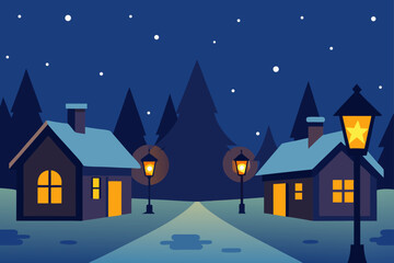 Fototapeta premium Cozy winter village scene with snow covered houses and glowing street lamps at night
