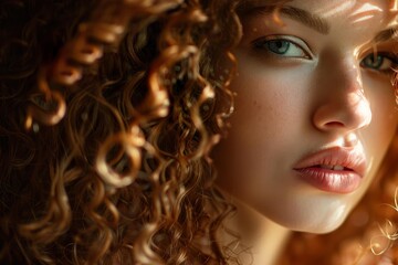 Fototapeta premium Beautiful model with long, thick, curly red hair and blue eyes posing in soft sunlight