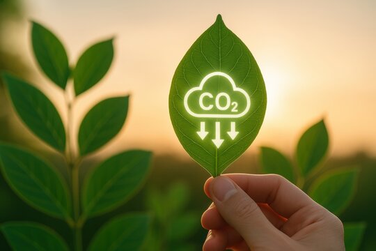 CO2 Absorption Concept: A leaf with a digitally illustrated carbon dioxide cloud and arrows against a backdrop of a field and sunset, suggesting the role of plants in absorbing carbon dioxide.