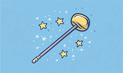 Magical golden wand creating sparkling stars and whimsical dots on a soft blue background