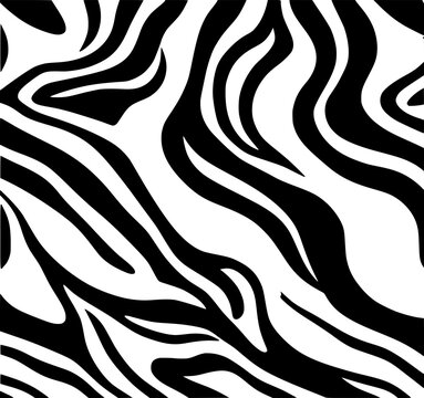 Abstract Zebra Stripes: A bold monochrome line art illustration featuring dynamic, flowing black and white stripes, reminiscent of zebra skin, perfect for modern design.