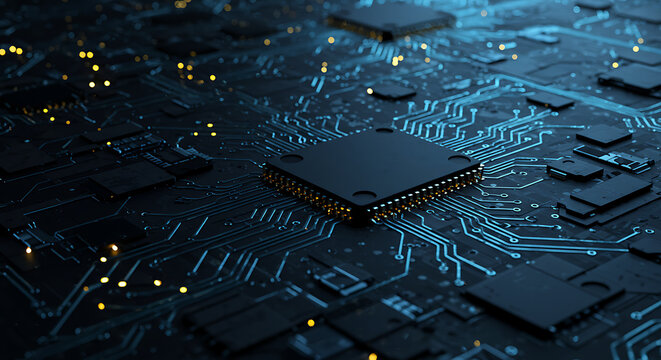 A central processor on a futuristic circuit board with glowing light trails representing data flow and digital innovation. - Powered by Adobe