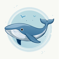 Obraz premium Charming Cartoon Whale Illustration in Circular Frame with Birds and Serene Blue Tones