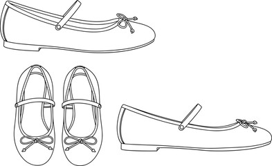 Ballet flat shoe CAD drawing, Mary Jane style vector illustration, women footwear outline, fashion technical sketch for design use