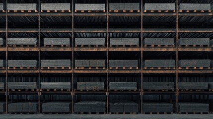 Metal sheets neatly stacked on industrial warehouse shelves.