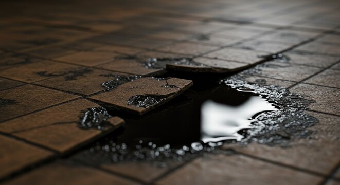 Broken tiles, dark puddle