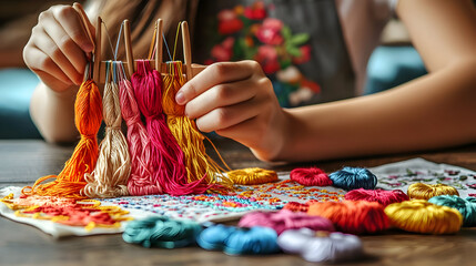 Child's hands carefully threading embroidery floss, surrounded by vibrant colorful embroidery supplies