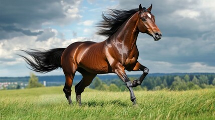 Obraz premium Bay horse galloping freely on lush green grass in sunlit meadow under clear blue sky