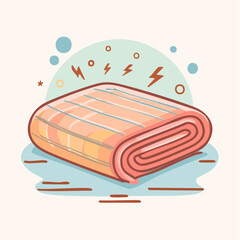 Stylized illustration of a folded pink and orange electric blanket with blue stripes.