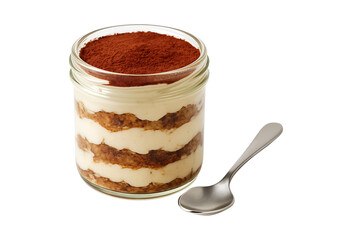Delicious tiramisu dessert in a jar with spoon isolated on transparent background