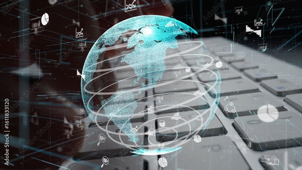 Poster modern digital globe with data visualization elements on a keyboard, illustrating the intersection o