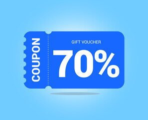 70% coupon promotion sale. Seventy percent Vector Gift Voucher. Blue discount, lucky ticket, special offer promo. Web, shopping label, percent sign. Special price offers.