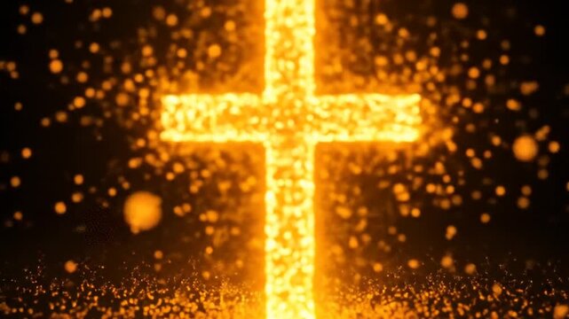 Golden Christian Cross Symbol Animation with Sparkles on Black Background