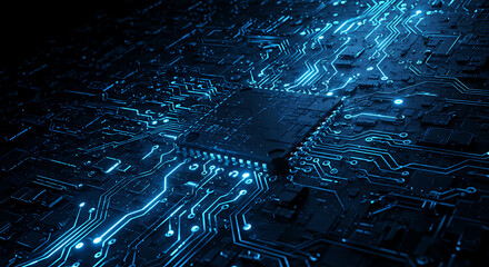 Futuristic digital data processing concept with a glowing blue CPU on a complex motherboard circuit