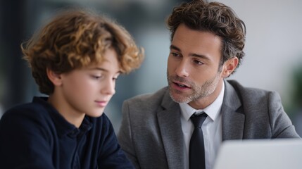 Professional Man Mentoring Young Boy in Modern Office Environment
