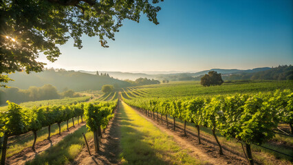 Naklejka premium Rolling tuscan hills covered in lush green vineyards at sunrise