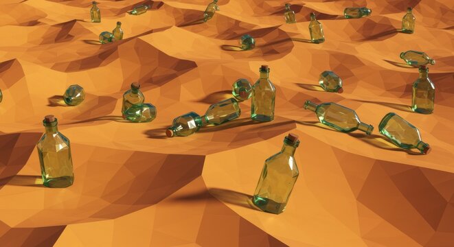 Bottles on sandy landscape