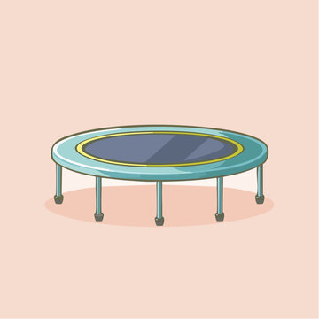 A round blue recreational trampoline with a yellow border depicted in a simple cartoon style.