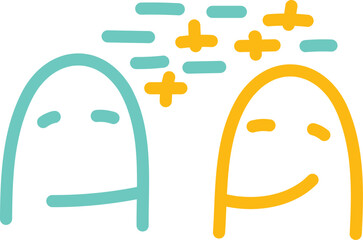 minimalist illustration of two people talking, a visual metaphor for how the same person can experience life very differently depending on their mindset  