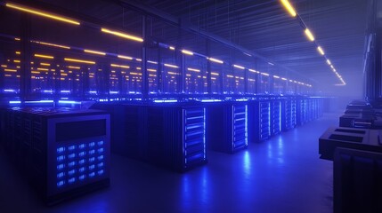 Rows of illuminated server racks with blue and yellow lights creating a futuristic and high tech atmosphere in a data center