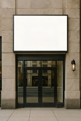 Modern commercial building facade with blank signage, glass entrance, stone texture, and urban reflections