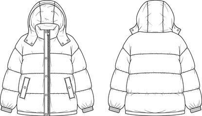 CAD drawing flat vector illustration of puffer winter jacket, hooded coat design, cold weather fashion sketch, technical clothing layout © Biplob Creatives