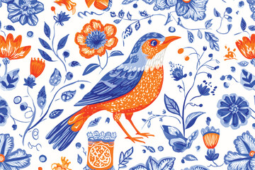 Whimsical Bird and Floral Pattern in Blue and Orange Charming Design for Textiles and Wallpapers