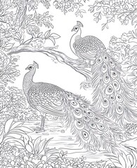 Fototapeta premium Two peafowl on a branch, floral background, coloring page, for adults