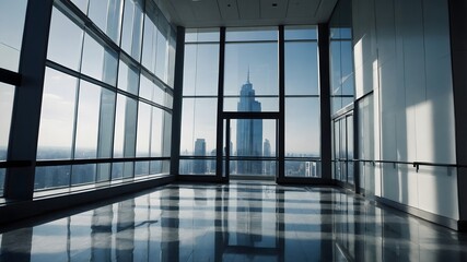 Interior de oficina moderna con vistas a rascacielos