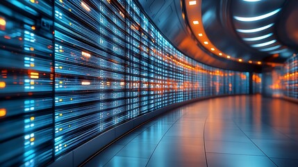 Expansive futuristic data center corridor with glowing blue and orange server racks and illuminated ceiling panels creating a high tech environment